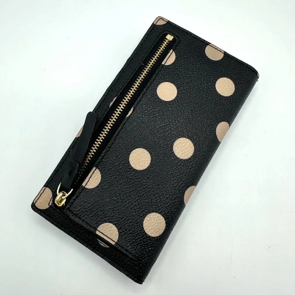 💰SALE💰 Kate Spade Leather Polka Dot Slim Snap Bifold Wallet Black/Light Beige - Picture 3 of 14